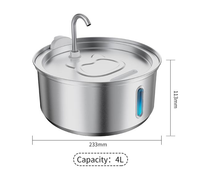 Stainless steel pet water fountain front view showing water flow