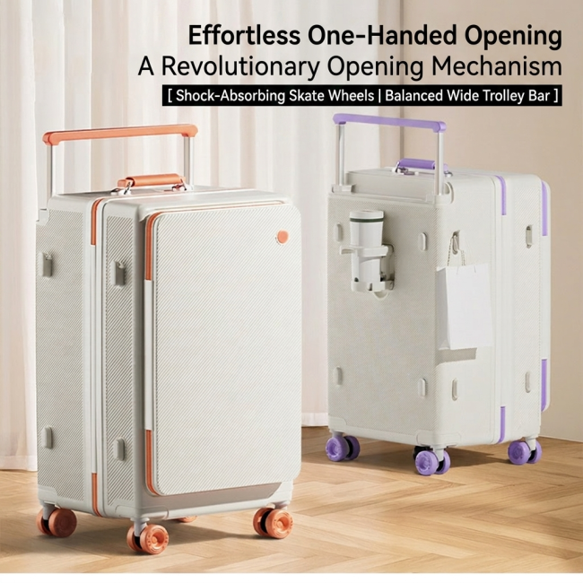 Front Opening Hardshell Luggage with Wide Trolley Handle and Shock Absorbing Wheels