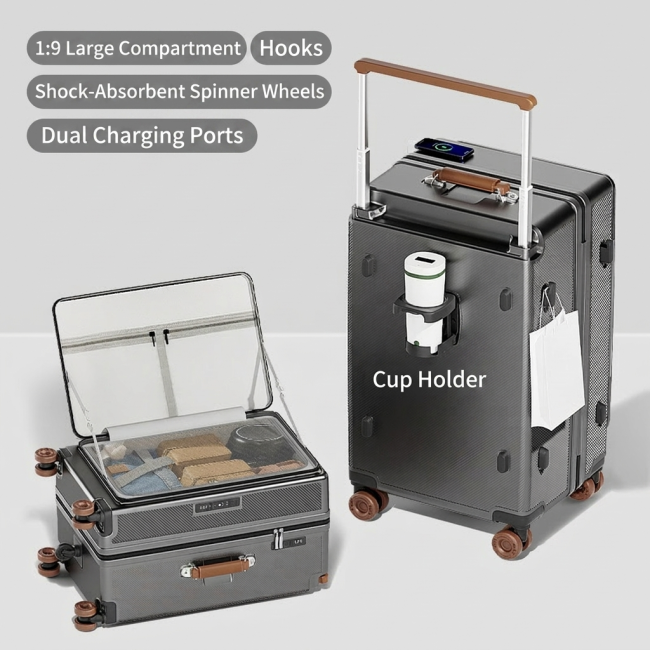 Multifunction Front Opening Luggage with Cup Holder Hooks Dual Charging Ports and Spinner Wheels