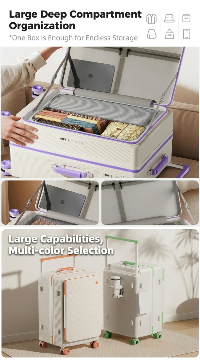 Large Deep Compartment Front Opening Suitcase Interior Organization