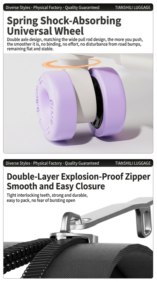 Shock Absorbing Spinner Wheels and Reinforced Double Layer Zipper