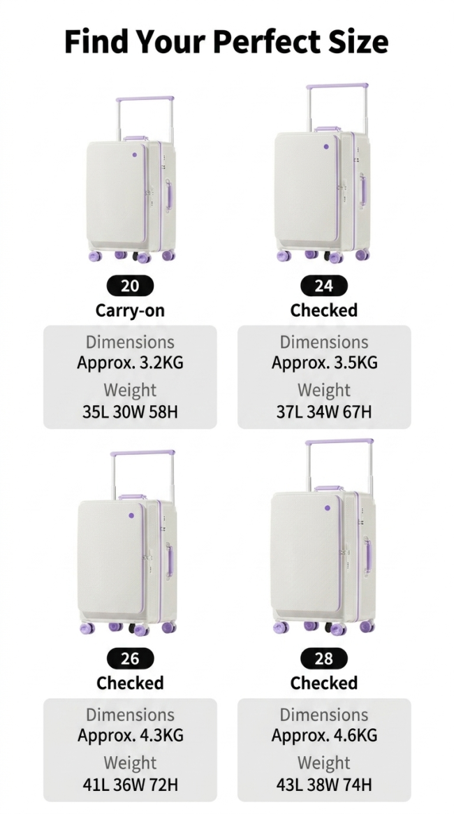 20 24 26 28 Inch Front Opening Luggage Size Guide