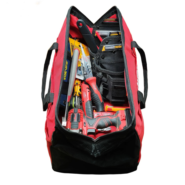Tool bag in use with various tools organized inside