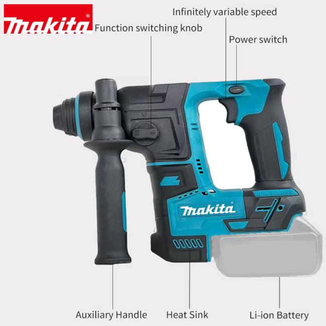 Close-up view of Makita hammer drill double grip and brushless motor technology