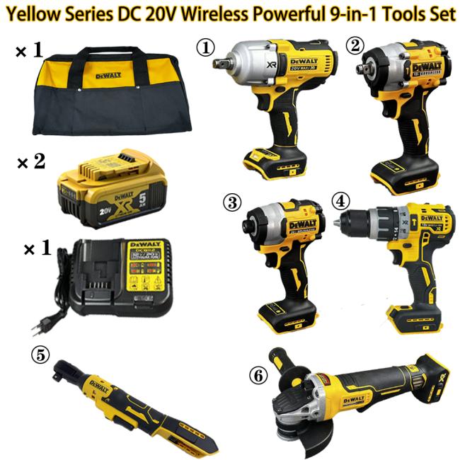 Close-up view of DeWALT power tools and battery components