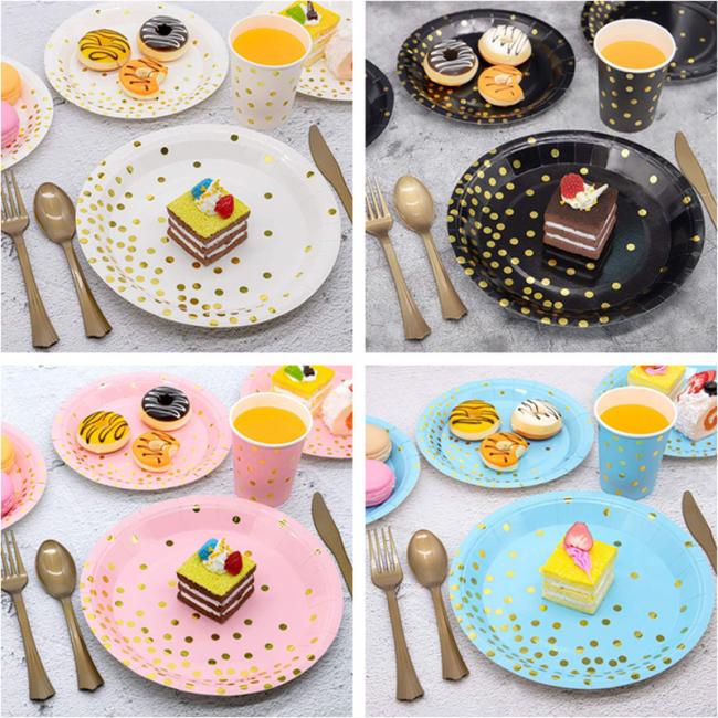 Gold Hot Stamping Happy Birthday Disposable Tableware Set Paper Dish Cup Napkins Plate Kit Festive & Party Supplies Cake Cutlery