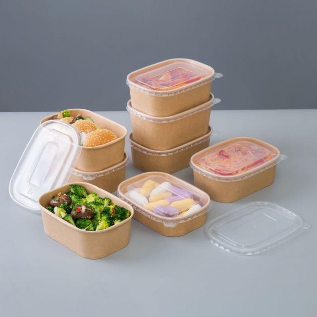 Disposable Food Grade Microwavable Lunch Box Burger Fries Various Size Takeaway Salad Bowl Kraft Paper Box with Plastic Lid
