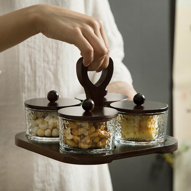 Glass Fruit Plate 4 Jar Glass Snack Container with Wooden Plate and Lid Plate Creative Snack Plate