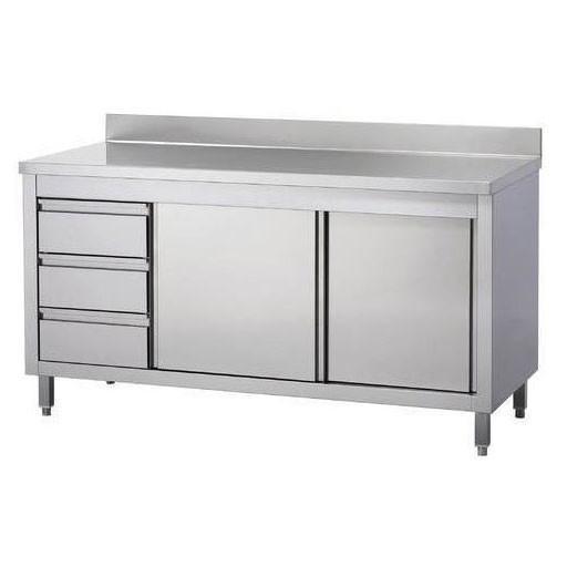 Stainless steel kitchen cabinet, with no sink.