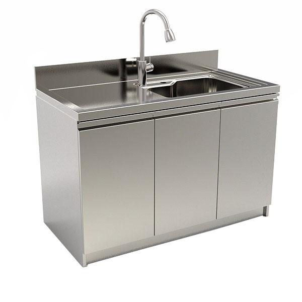 stainless steel kitchen cabinet. one sink, three doors.