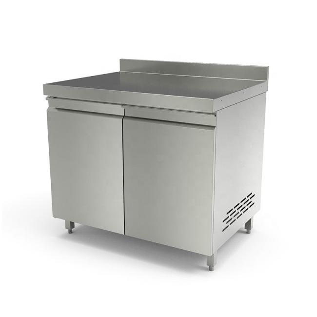 Stainless steel kitchen cabinet, no sink, two doors.