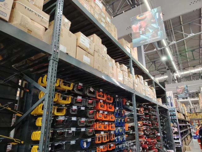 Close-up view of heavy-duty steel pallet racking