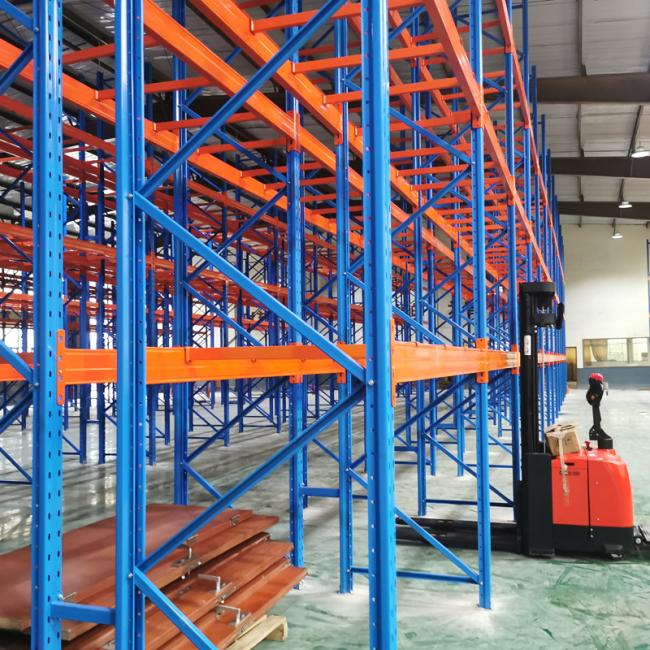 Industrial steel shelving system in logistics center