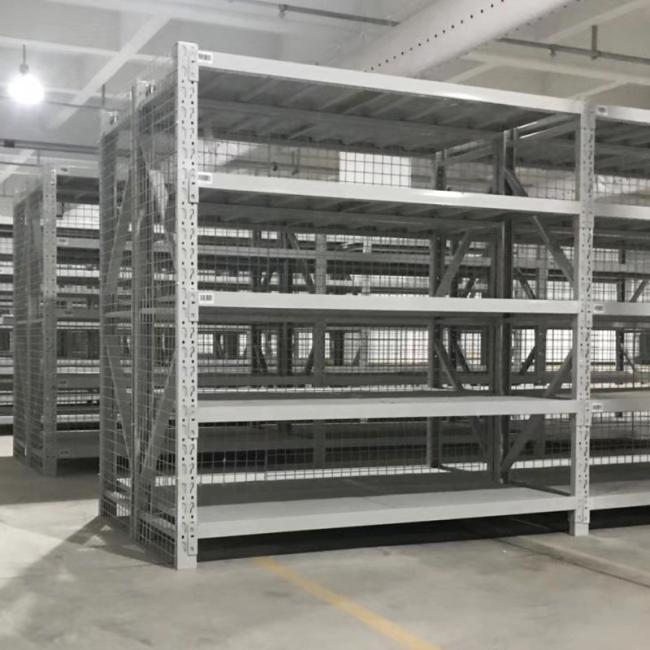 Close-up view of racking structural components
