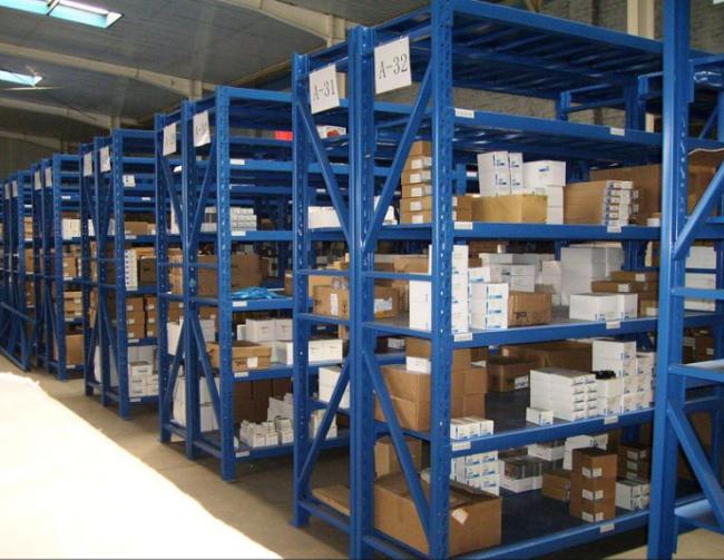 Industrial pallet racking system overview showing full structure