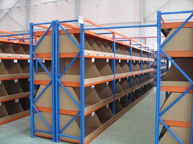 Close-up view of pallet racking connection points and structure