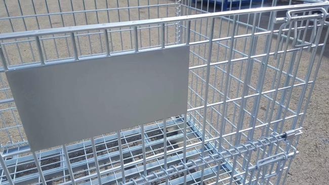 Foldable wire mesh container in warehouse setting