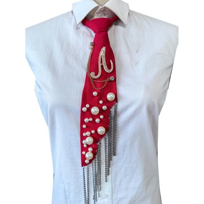 Letter A Pearl Brooch Necktie Red