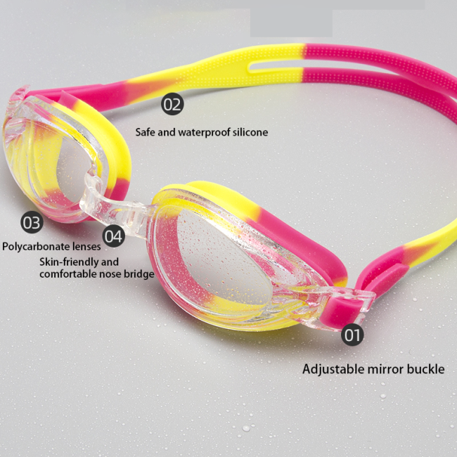 Close-up view of anti-fog swimming goggles lens technology
