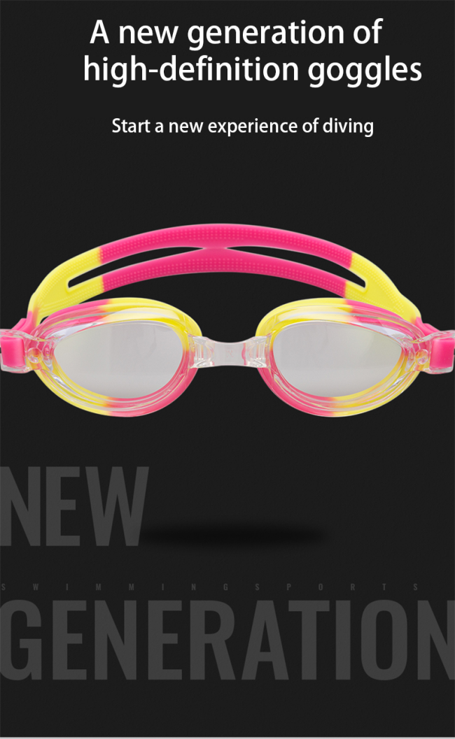Swimming goggles side profile displaying electroplating finish and strap design