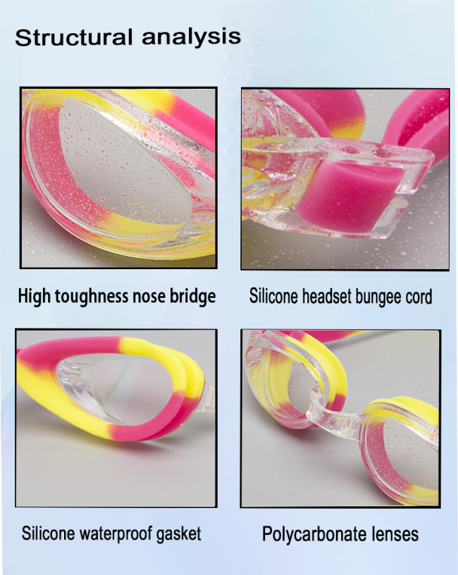 Swimming goggles packaging and included accessories