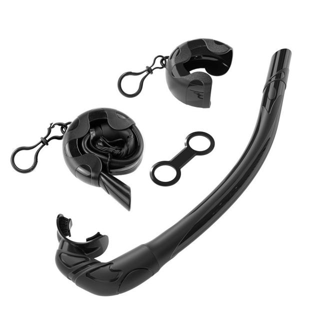 Foldable snorkeling breathing tube showing compact storage design