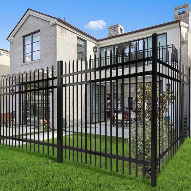 Black wrought iron decorative picket fence panel with galvanized steel mesh