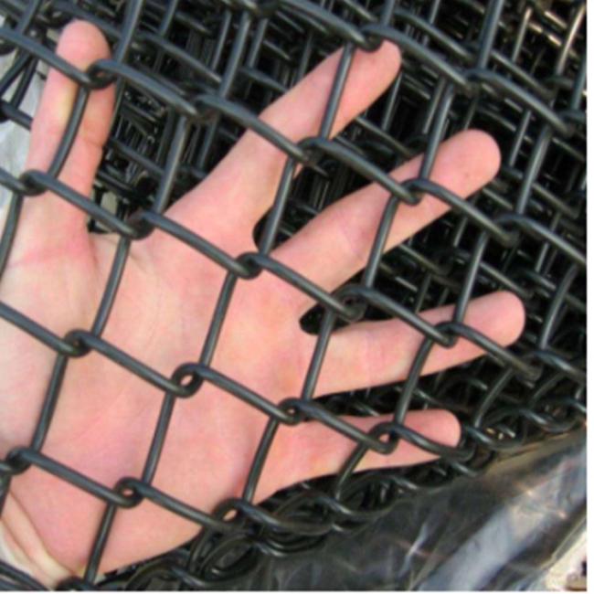 Close-up view of chain link fence mesh opening and galvanized steel wire