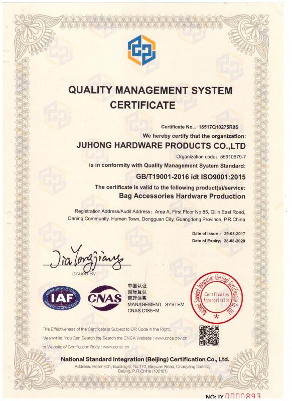 ISO 9001 - Juhong Hardware Products Co.,Ltd