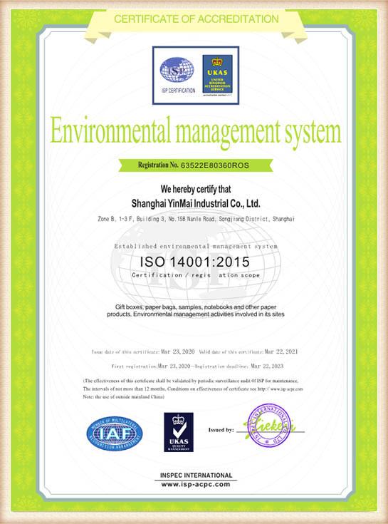 ISO 14001:2015 - Shanghai yinmai  indusrtial  Co., Ltd.