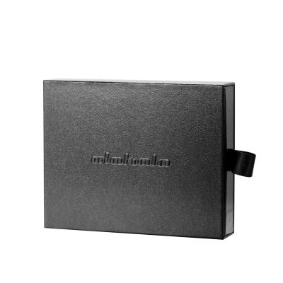 China Rectangular cartón regalo exquisito negro embossing papel aluminio logotipo cajón de caja para productos en venta