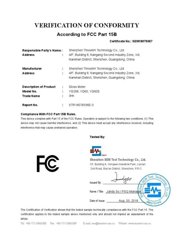 FCC certificate - Shenzhen ThreeNH Technology Co., Ltd.