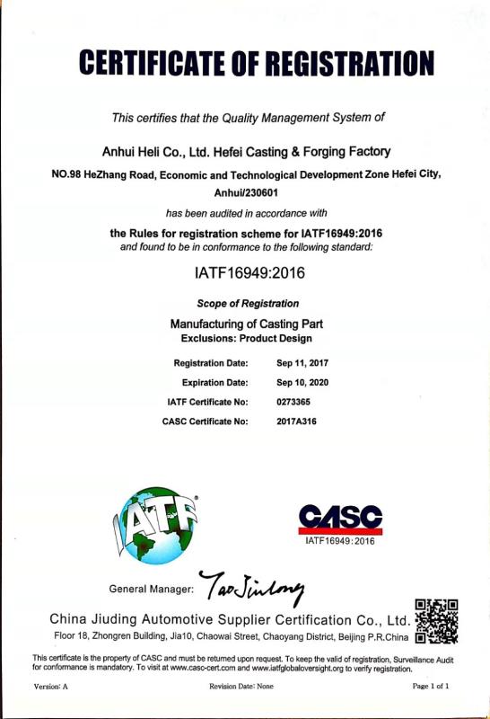 IATF 16949:2016 - Anhui Heli Co., Ltd. Hefei Casting & Forging Factory