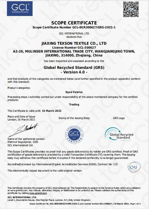 GRS Certificate - Jiaxing Texson Textile Co., Ltd.