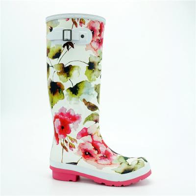 China Wear Resistant Knee Length Rubber Boots , Flower Printed Garden Rubber Rain Boots for sale