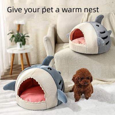China Fall Winter Fish Cat Bed Pet Universal Warm Villa Semi Enclosed Shark Shaped Dog Nest for sale