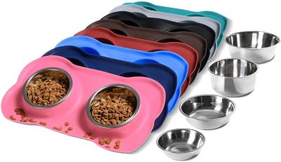 China Active Pets Dog Bowl Set Stainless Steel No Spill Mess-Proof Food & Water Dog Food Bowls with Silicone Mat for sale
