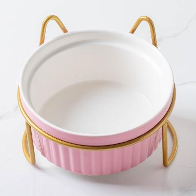 Cina Ceramic Double Bowl Water Bowl High Foot Cat Food Bowl Drinking Bowl Pet Bowl Oblique Mouth Food Bowl Supplies in vendita