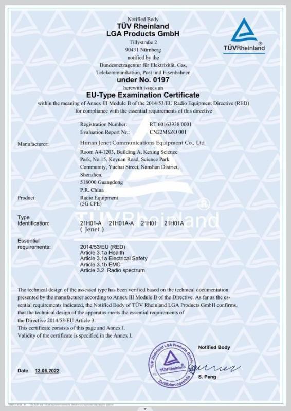 EU-Type Examination Certificate - Hunan Jenet Communications Equipment Co., Ltd.