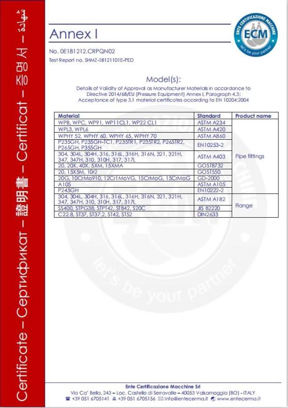 Ce Ped Certificate of European - cangzhou ritai pipe fittings manufacture co., ltd.