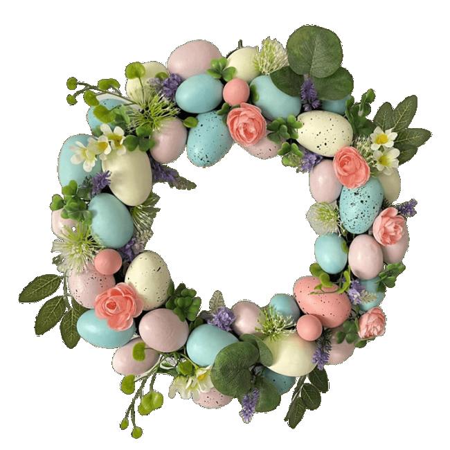 Senmasine Egg Easter Wreath for Front Door Hanging Spring Decor Mixed Colorful Plastic Eggs Artificial Leaves Flowers Wreaths