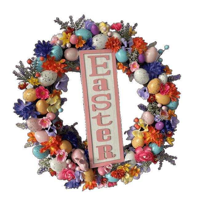 Senmasine Egg Easter Wreath for Front Door Hanging Spring Decor Mixed Colorful Plastic Eggs Artificial Leaves Flowers Wreaths
