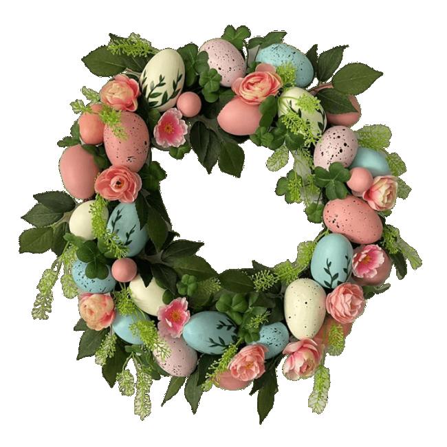 Senmasine Egg Easter Wreath for Front Door Hanging Spring Decor Mixed Colorful Plastic Eggs Artificial Leaves Flowers Wreaths