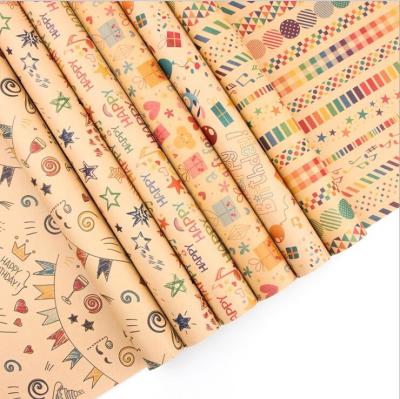 China Brown 80gsm Kraft Gift Wrap Paper Roll Sheets 50X70cm Happy Birthday Pattern for sale