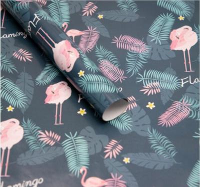 China 80gsm Gift Wrap Paper Roll Summer Flamingos Turtle Leaf Print Wrapping Paper for sale