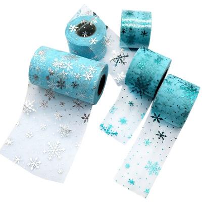 China Blue Snowflake Pattern Polyester Organza Tulle Rolls Fabric 15.2cm for sale