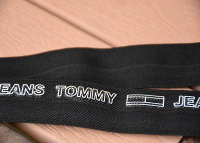 China 2cm Black Elastic Webbing Straps Printed With White Cut Out Letters Logo en venta