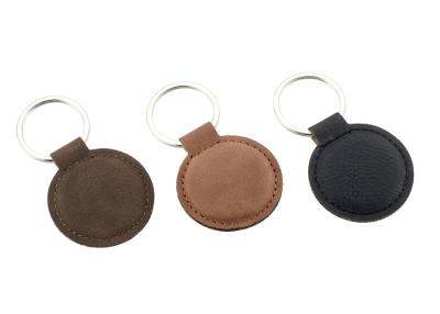 China Debossing Logo PU Personalised Leather Keychain Round Zinc Alloy Brown for sale