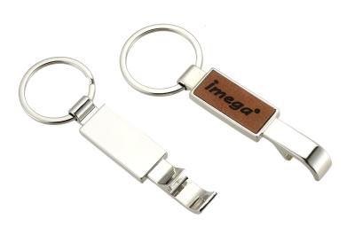 China Laserable PU Leather Metal Bottle Opener Keychain Rectangle With Keyring for sale