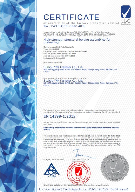 EN 14399­-1 Certificate - Suzhou YNK Fastener Co., Ltd.